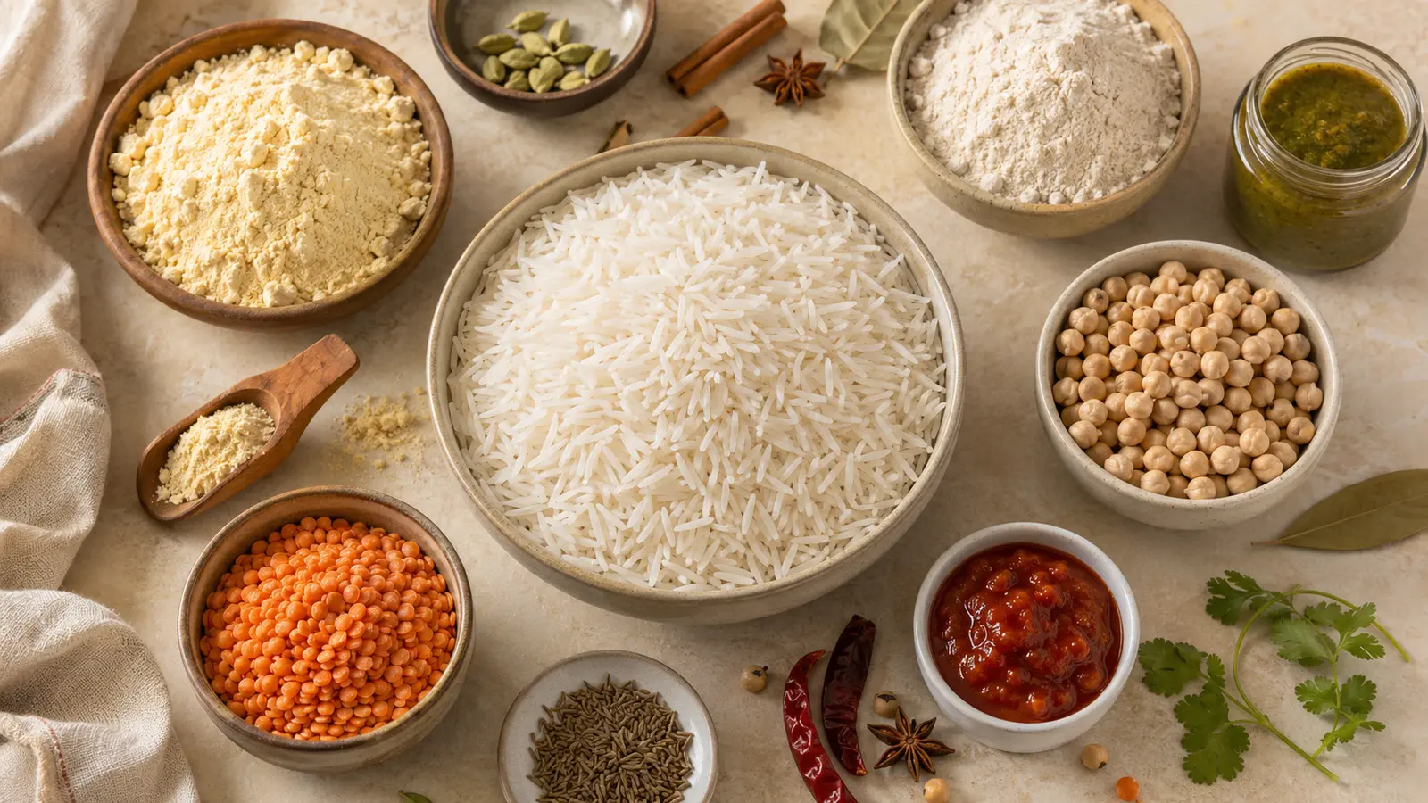 Basmati rice with Indian pantry ingredients including lentils, flour and chutney