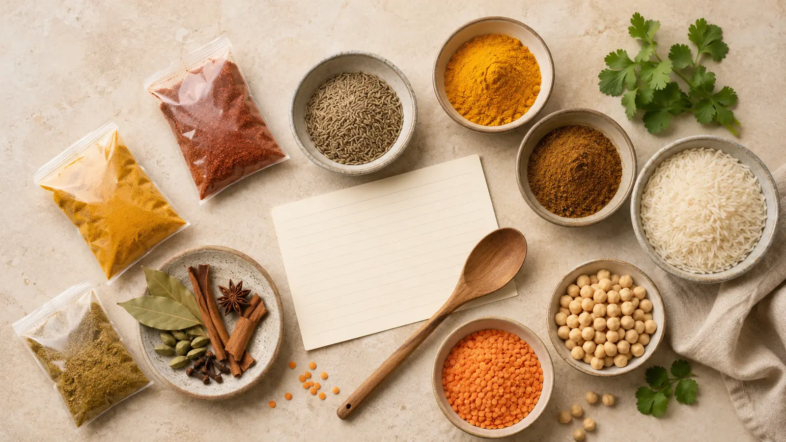Small packs of Indian spices, basmati rice, lentils and chickpeas in Iceland