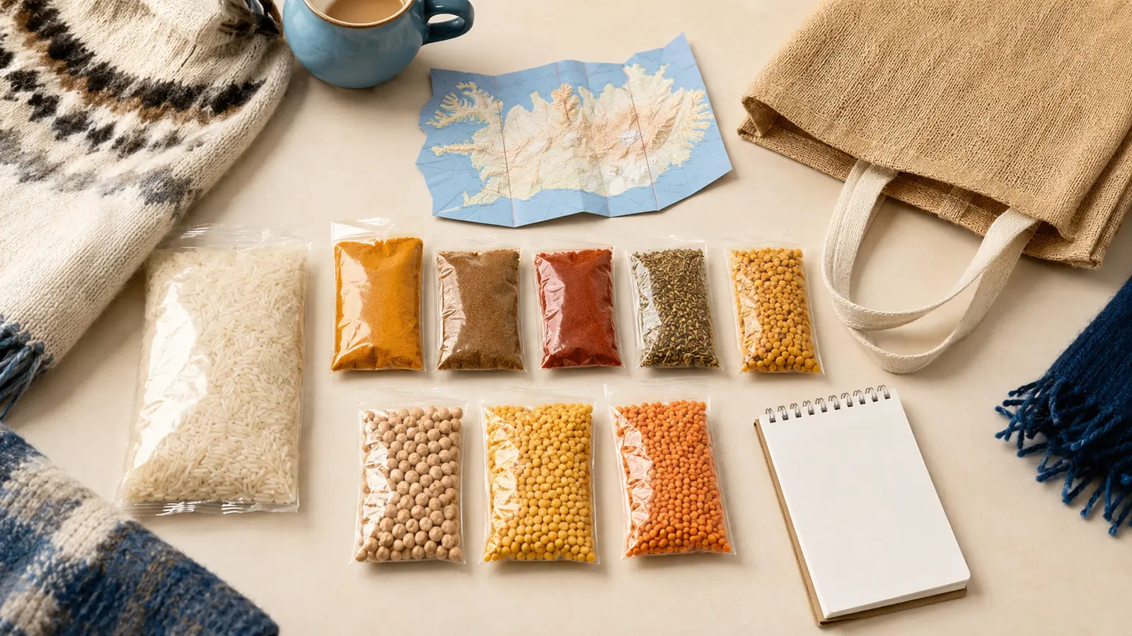 Travel-friendly Indian grocery pack with spices, rice and lentils for visitors to Iceland